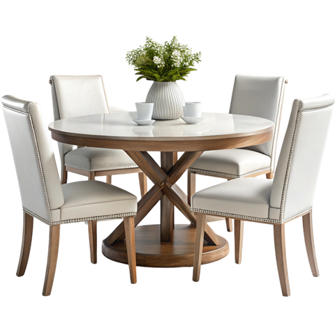Elegant Round Wooden Dining Table With Cream Upholstered Chairs And ... with regard to Wooden Dining Table With Upholstered Chairs